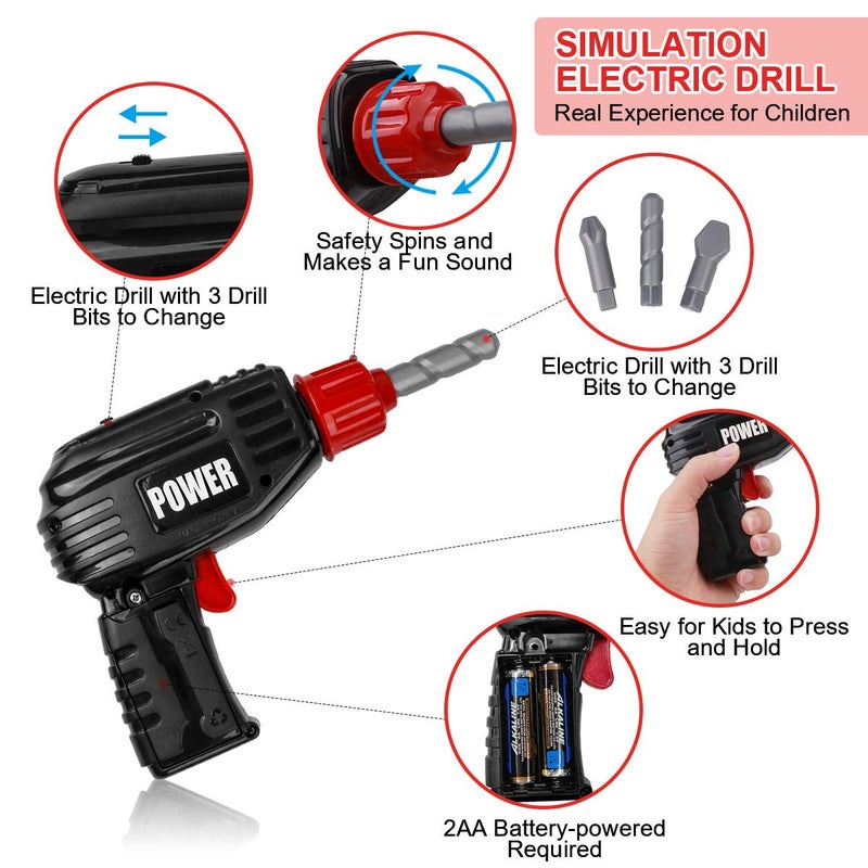 LOYO Kids Tool Set - Pretend Play Construction Toy with Tool Box Kids Tool Belt Electronic Toy Drill Construction Accessories Gift for Toddlers Boys Ages 3 , 4, 5, 6, 7 Years Old (red) - Image 4